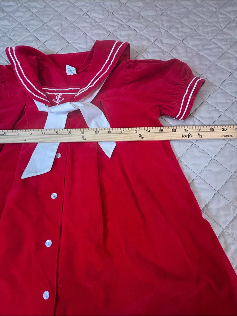 Vintage Girls Red Sailor Dress Nautical Anchor Puff Sleeve White Tie Cotton
